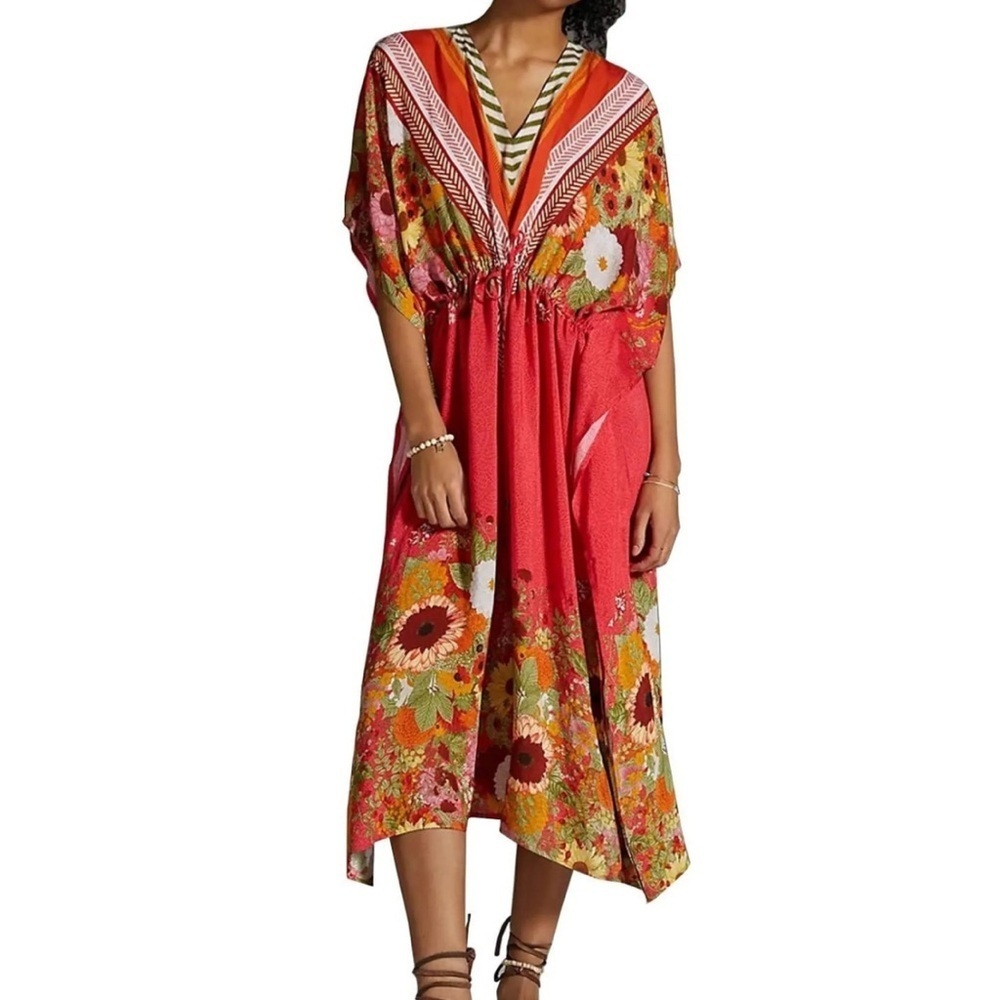 Anthropologie Blank London Tropical V Neck Kaftan Dress Floral Chevron NWT